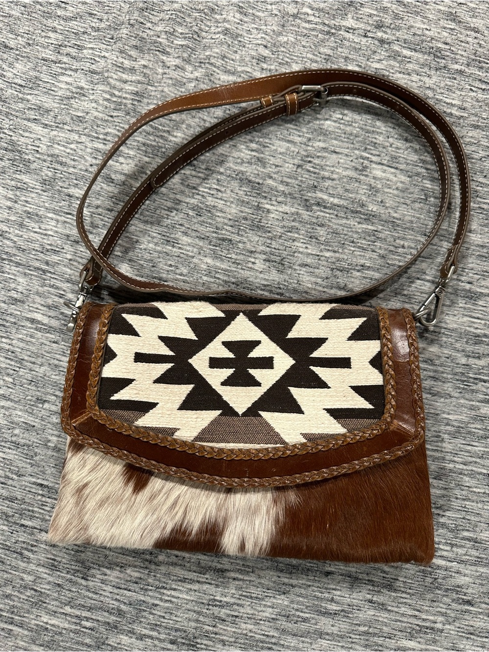 Shyanne Brown and Cream Cowhide Aztec Crossbody Bag